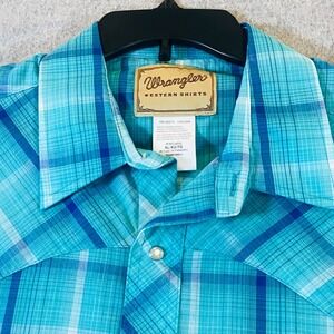 Wrangler‎ Men's XL Western Pearl Snap Shirt Turquoise Plaid Short Sleeve Church